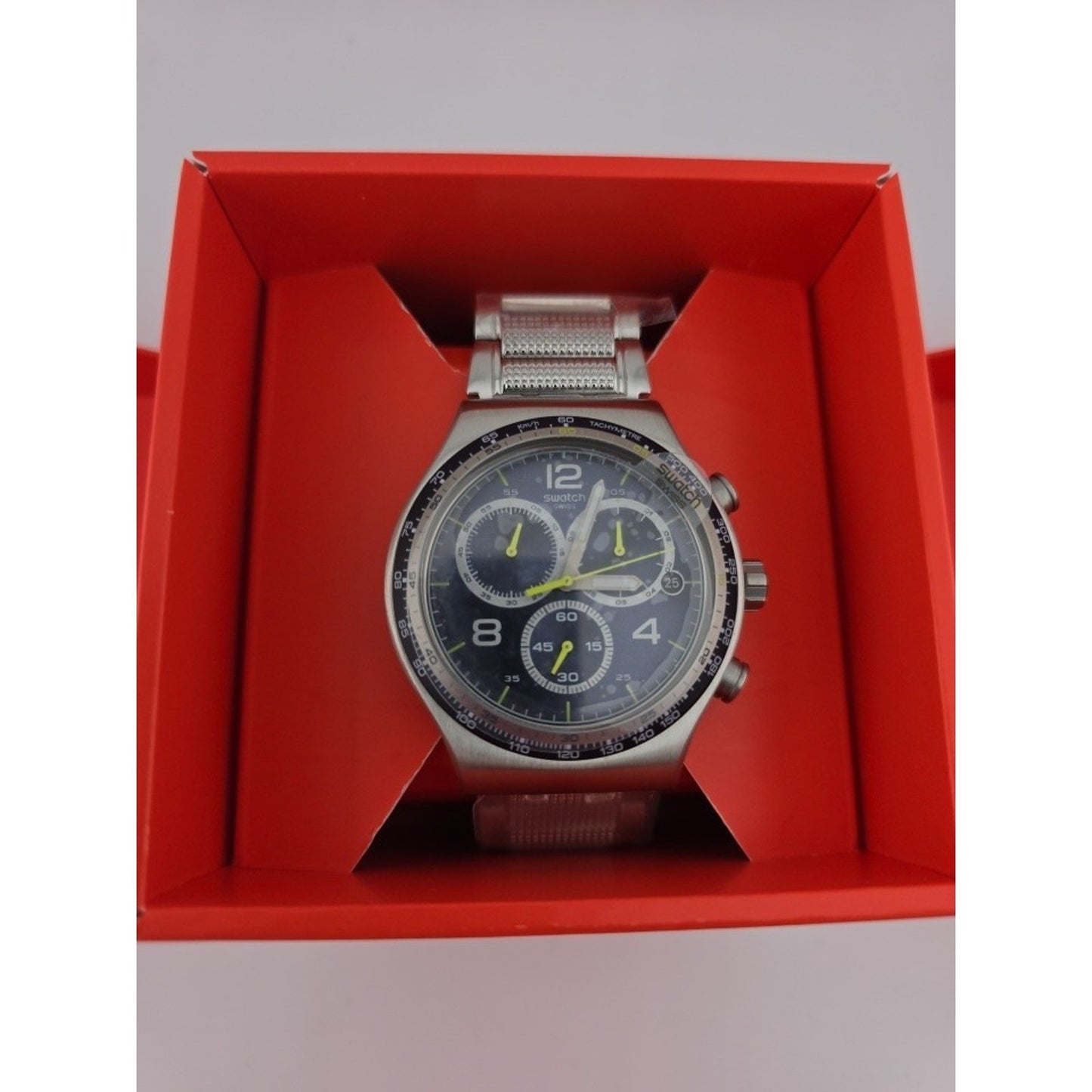NEW LIMITED Swatch Irony SPRINKLED WATER Tachymeter Steel Men's Watch YVS411
