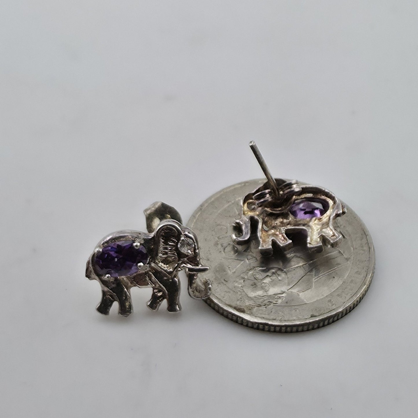 Vintage 925 Sterling Silver Elephant Stud Earrings Amethyst Purple Animal Jewelr