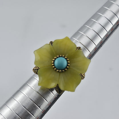 Sterling Silver Bronze Flower Ring Size 7 Yellow Floral Turquoise Cabochon 925