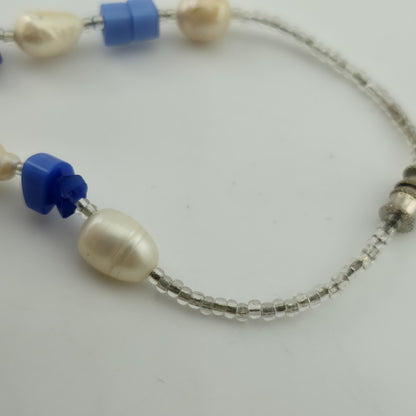 Choker Necklace Natural Pearls Blue Glass / Stone Beads 10in
