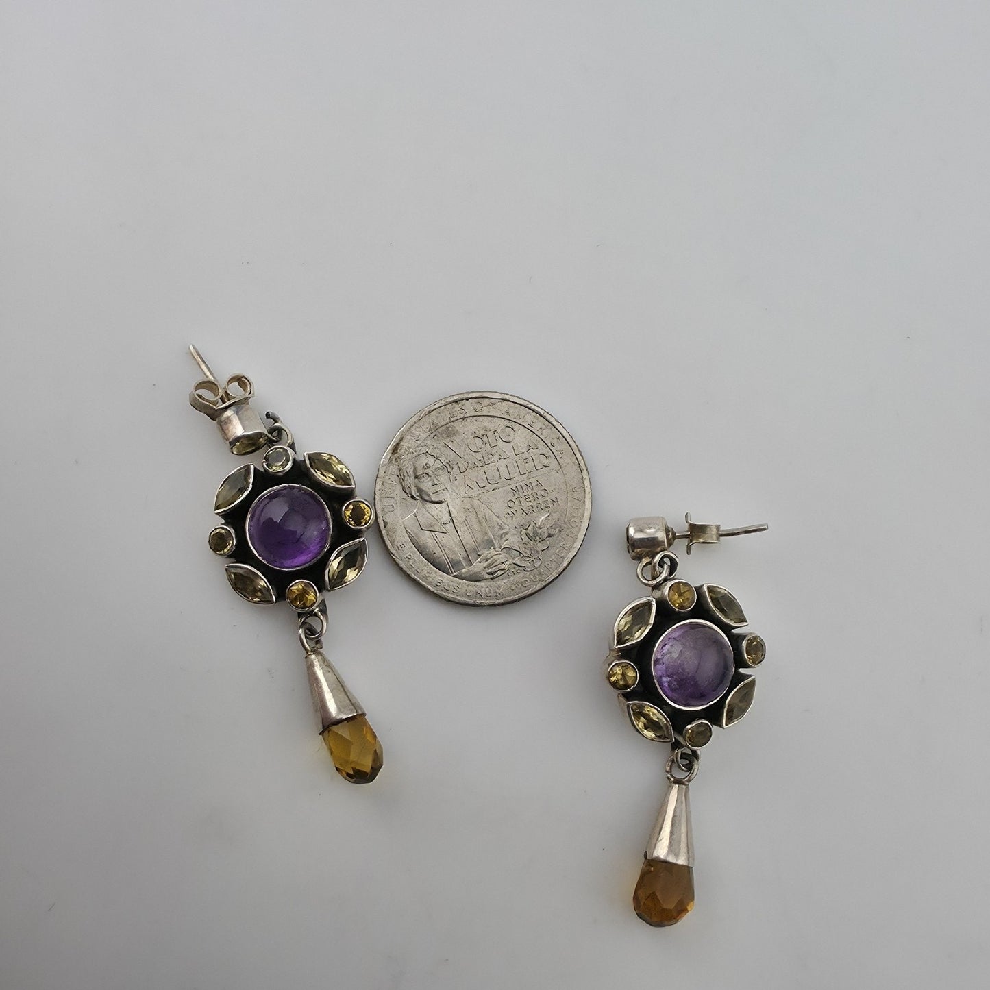 Vintage 925 Sterling Silver Amethyst Citrine Dangle Earrings Gemstone Drop Boho