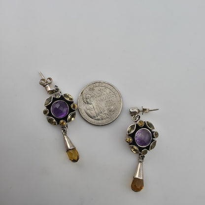 Vintage 925 Sterling Silver Amethyst Citrine Dangle Earrings Gemstone Drop Boho