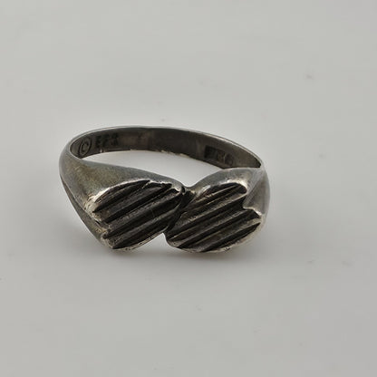 Sterling Silver Double Heart Ring Ribbed Design EFS 925 Sz 6.5 Vintage modernist