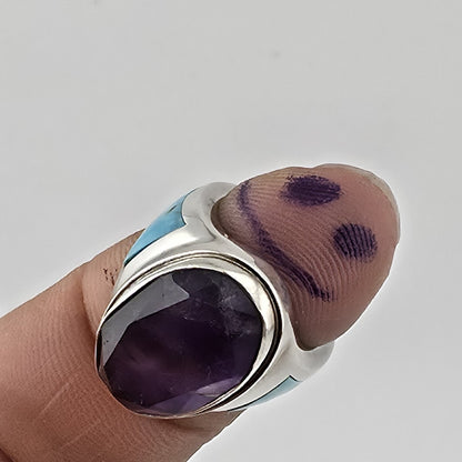 Sterling Silver Amethyst Turquoise Ring Size 4.5 Southwest Inlay Statement Ring