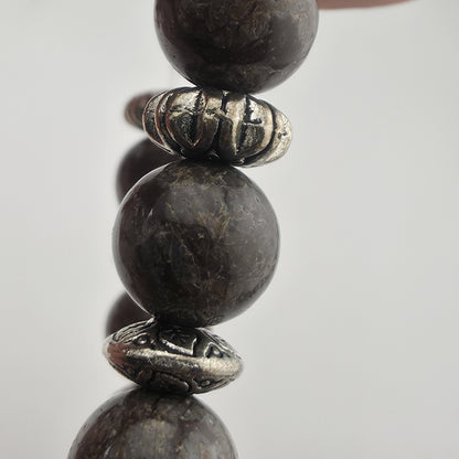 Bali Silver Tone Coffee Bean Jasper Beaded Stretch Bracelet 6" Jewelry