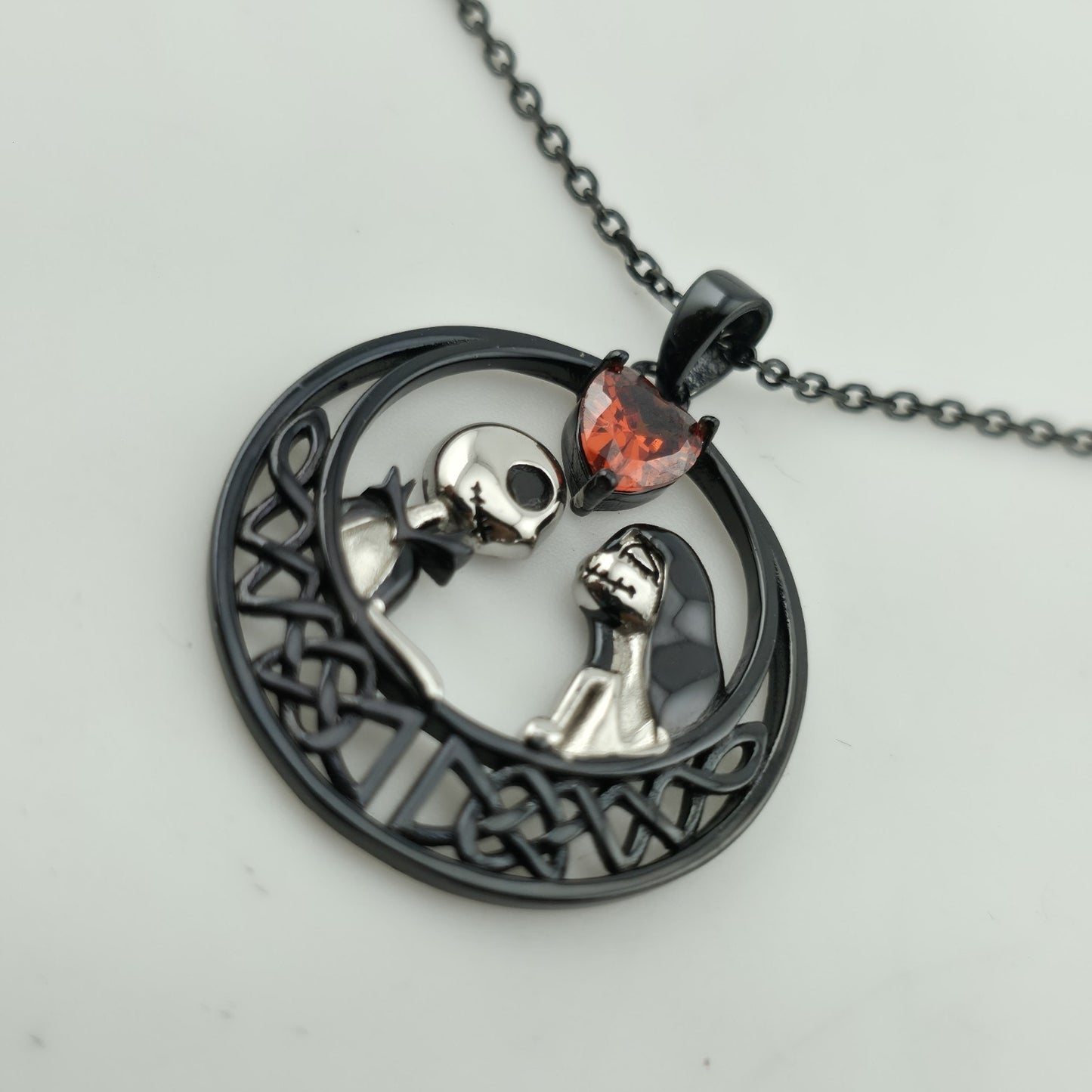 Nightmare Before Christmas Jack & Sally Heart Pendant Necklace 925 16” Gothic