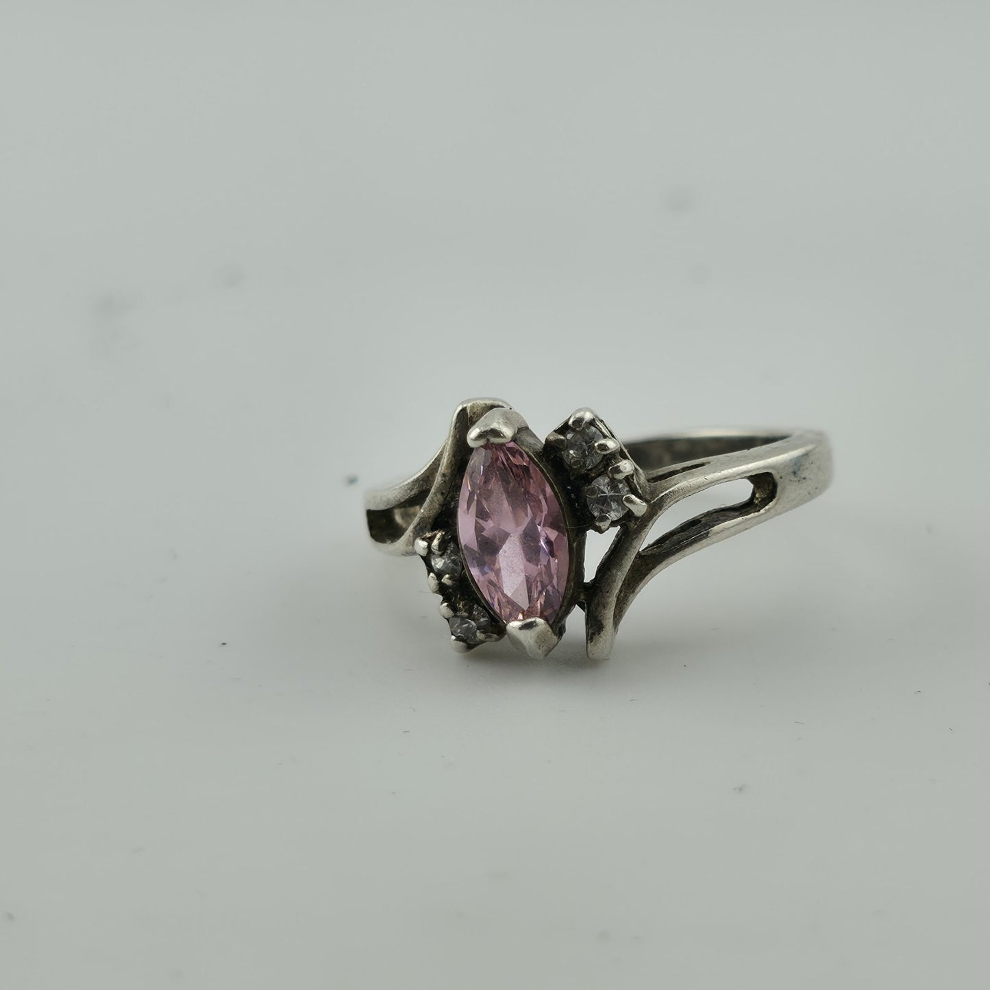 Sterling Silver 925 marquise cut Pink Stone Ring CZ Accents Size 8.75