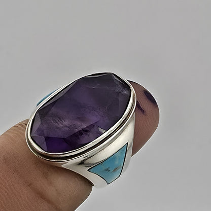 Sterling Silver Amethyst Turquoise Ring Size 4.5 Southwest Inlay Statement Ring