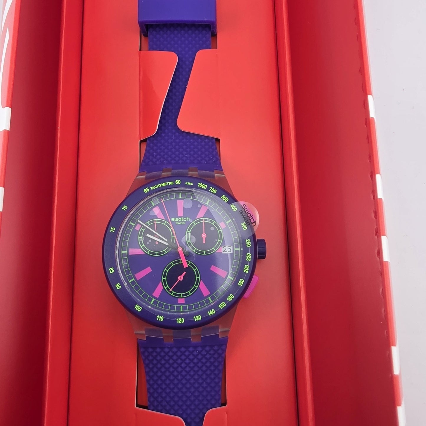 NEW RARE SWATCH SWISS MADE PURP-LOl CHRONOGRAPH WATCH, SUSK400 NEW 42MM Purple
