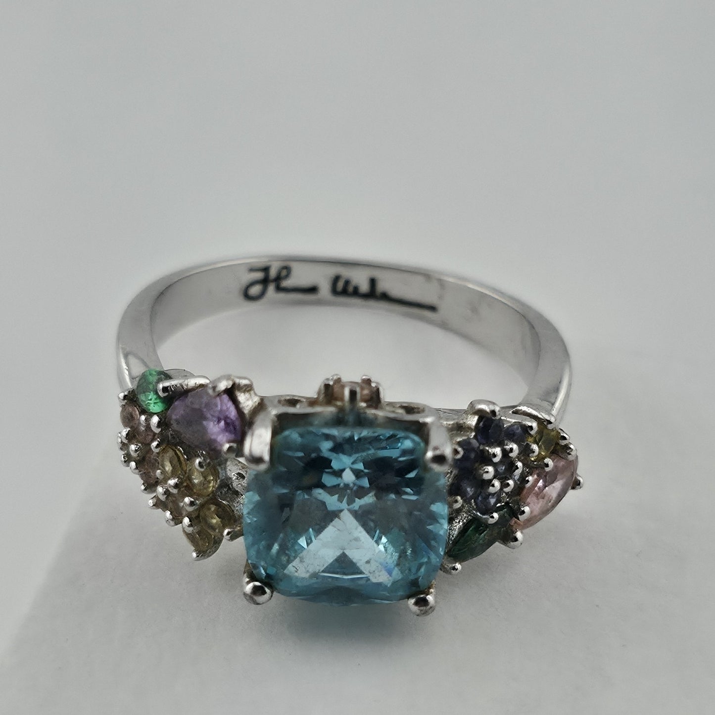 Thomas Kinkade BGE 925 Sterling Silver Multi Gem Floral Ring Blue Stone Size 9