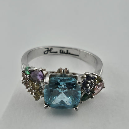 Thomas Kinkade BGE 925 Sterling Silver Multi Gem Floral Ring Blue Stone Size 9