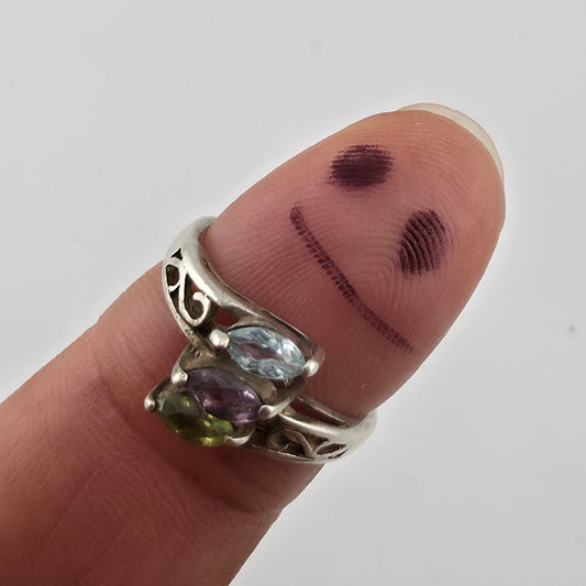 Sterling Silver Ring Stacked Topaz Amethyst Peridot Scroll Bypass Band 925 7.50
