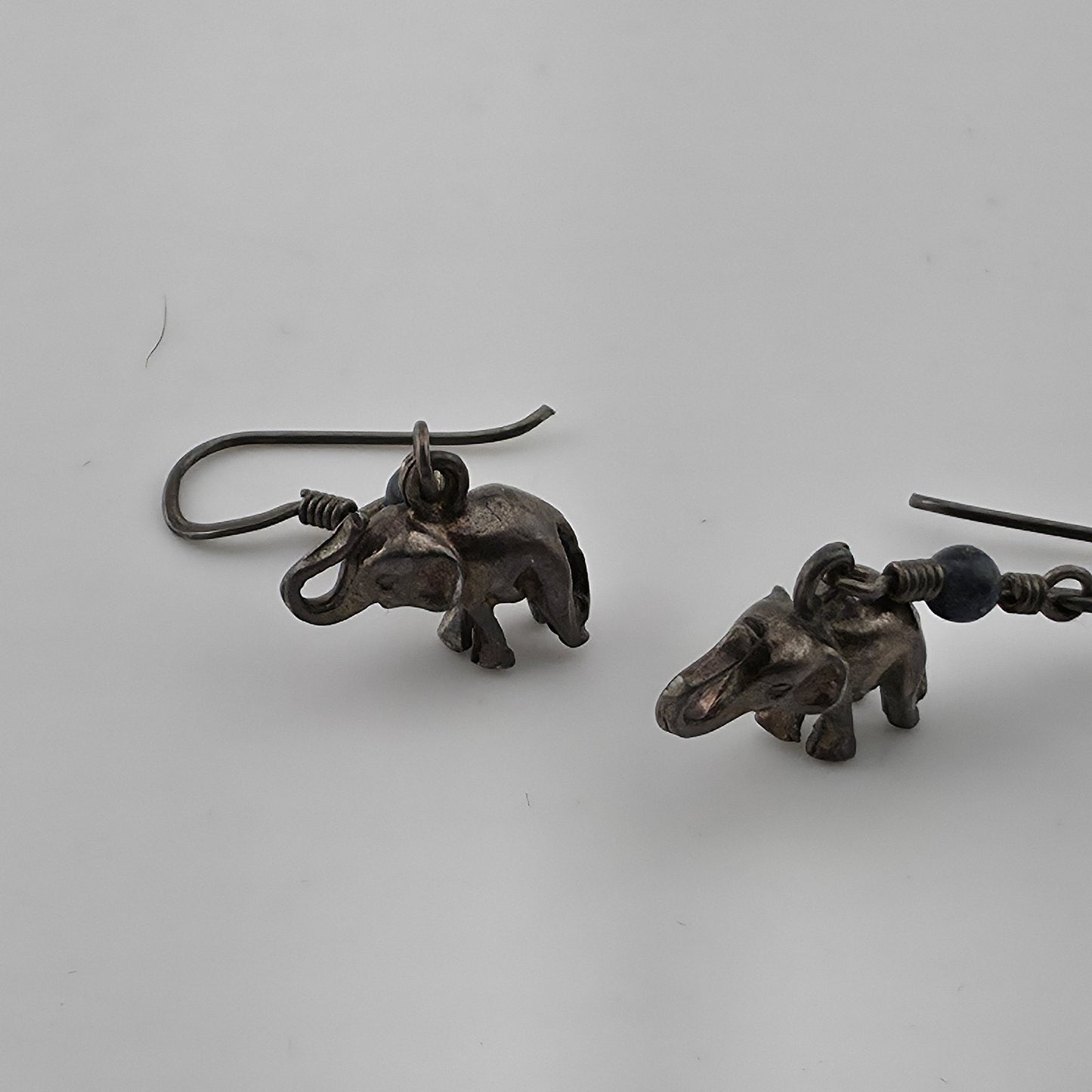 Vintage Elephant Dangle Earrings Blue Bead Silver Tone Boho Tribal Jewelry