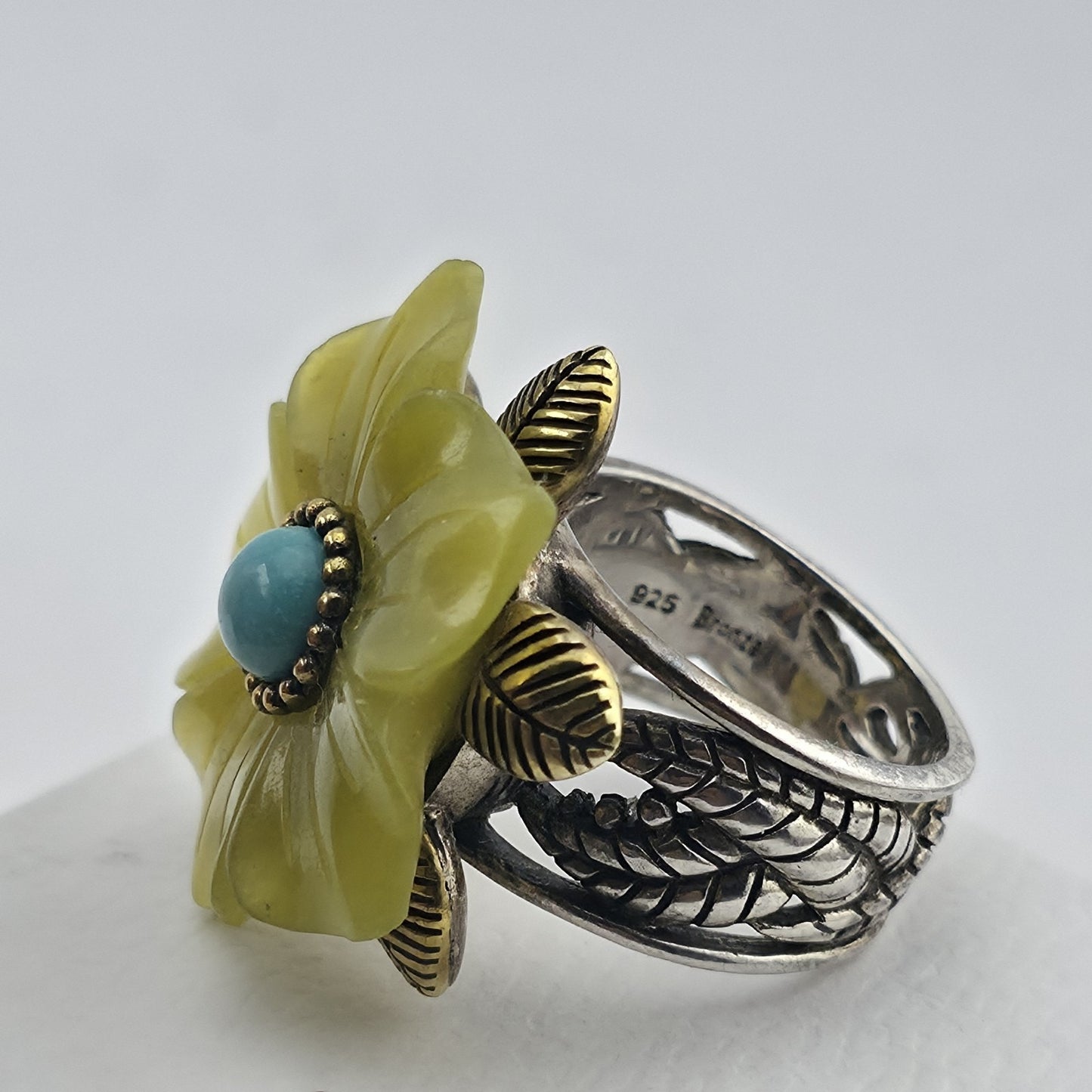 Sterling Silver Bronze Flower Ring Size 7 Yellow Floral Turquoise Cabochon 925