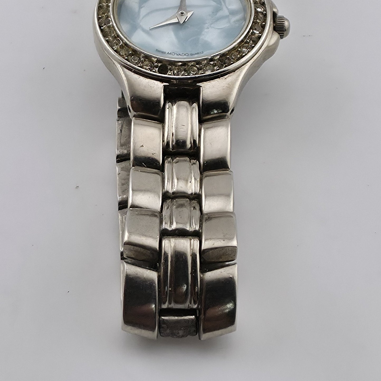 Movado Women’s Swiss Quartz Watch Blue MOP Dial Rhinestone Bezel New Battery