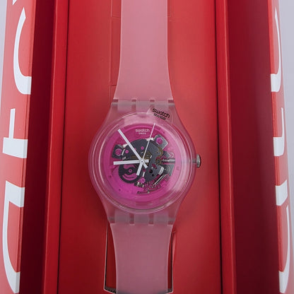 Rare Swatch Swiss PINKMAZING New Gents PINK SKELETON DIAL Silicone Strap 41MM