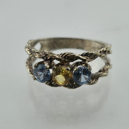 Vintage Sterling Silver Three Stone Ring Size 6.25Mother Grandmother Rope Ring