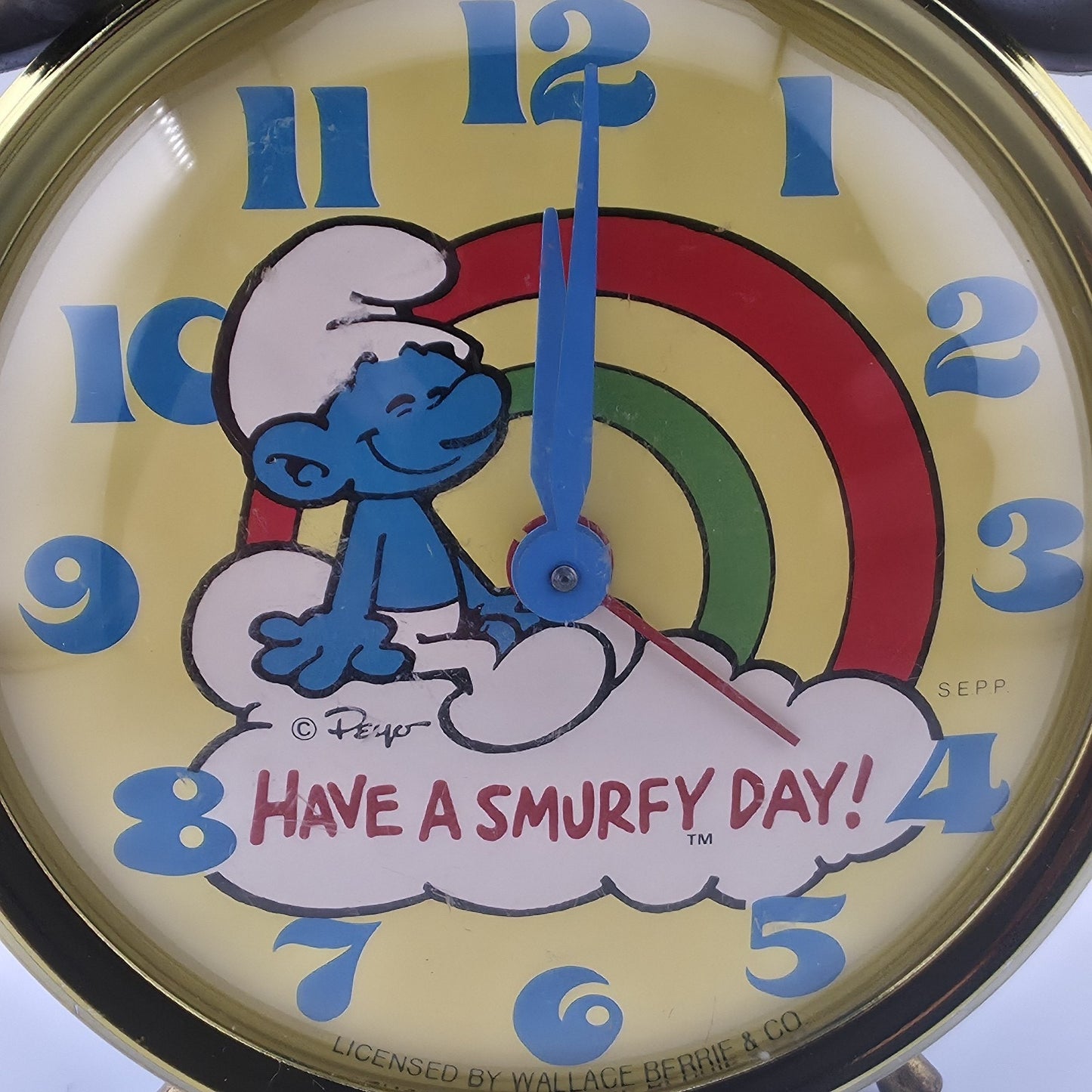 Smurf Double Bell Alarm Clock Bradley Time Blue Yellow Tested Runs Vintage