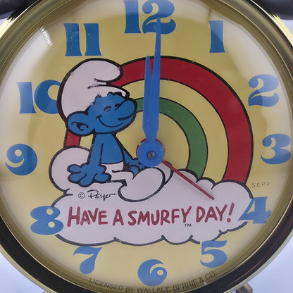 Smurf Double Bell Alarm Clock Bradley Time Blue Yellow Tested Runs Vintage
