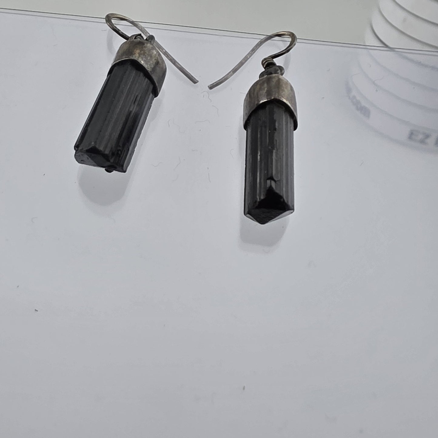 Vintage Sterling Silver Black Tourmaline Drop Earrings Raw Crystal Dangle