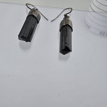 Vintage Sterling Silver Black Tourmaline Drop Earrings Raw Crystal Dangle