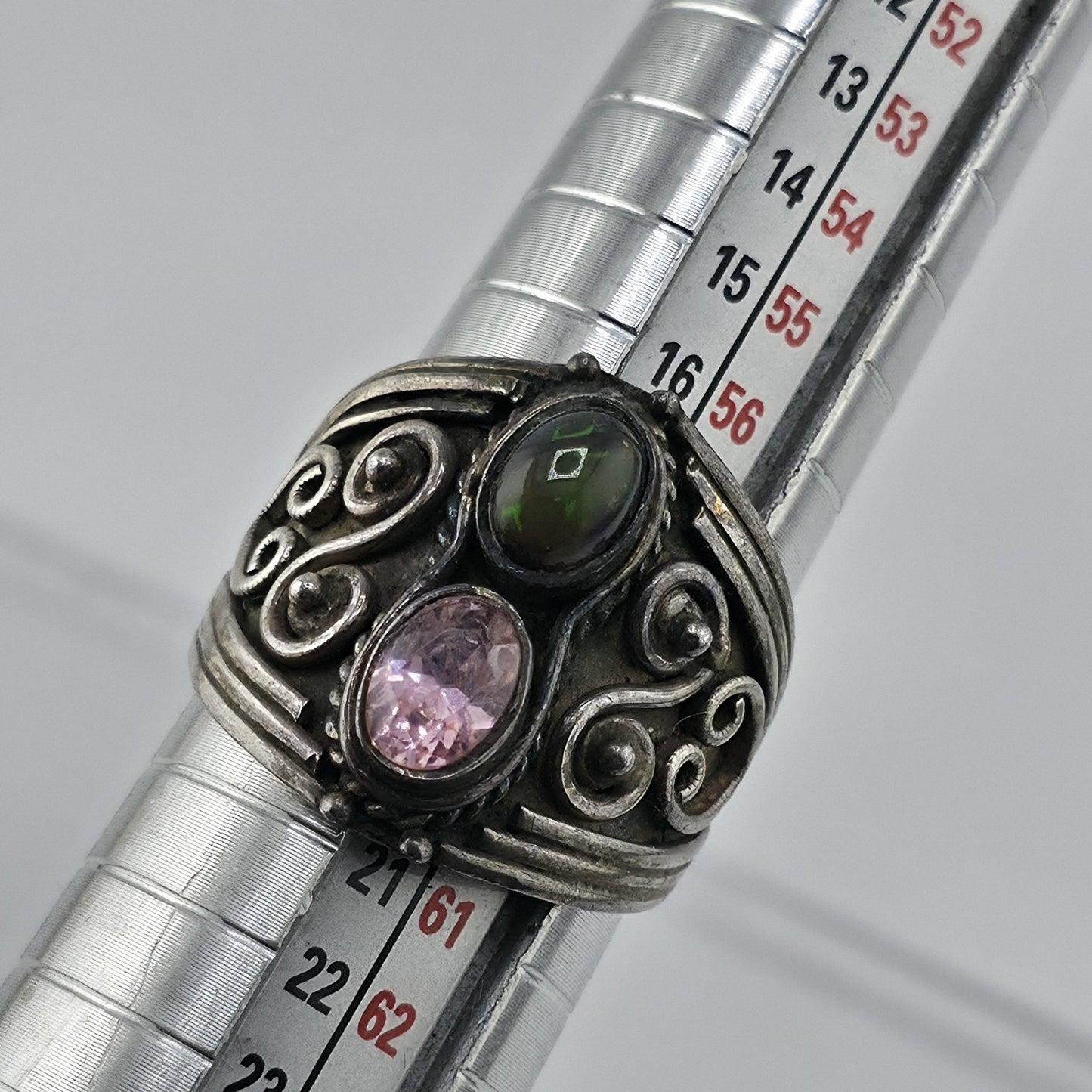 Vintage Sterling Silver Ring Pink Stone Opal Cabochon Filigree Size 8.75 925