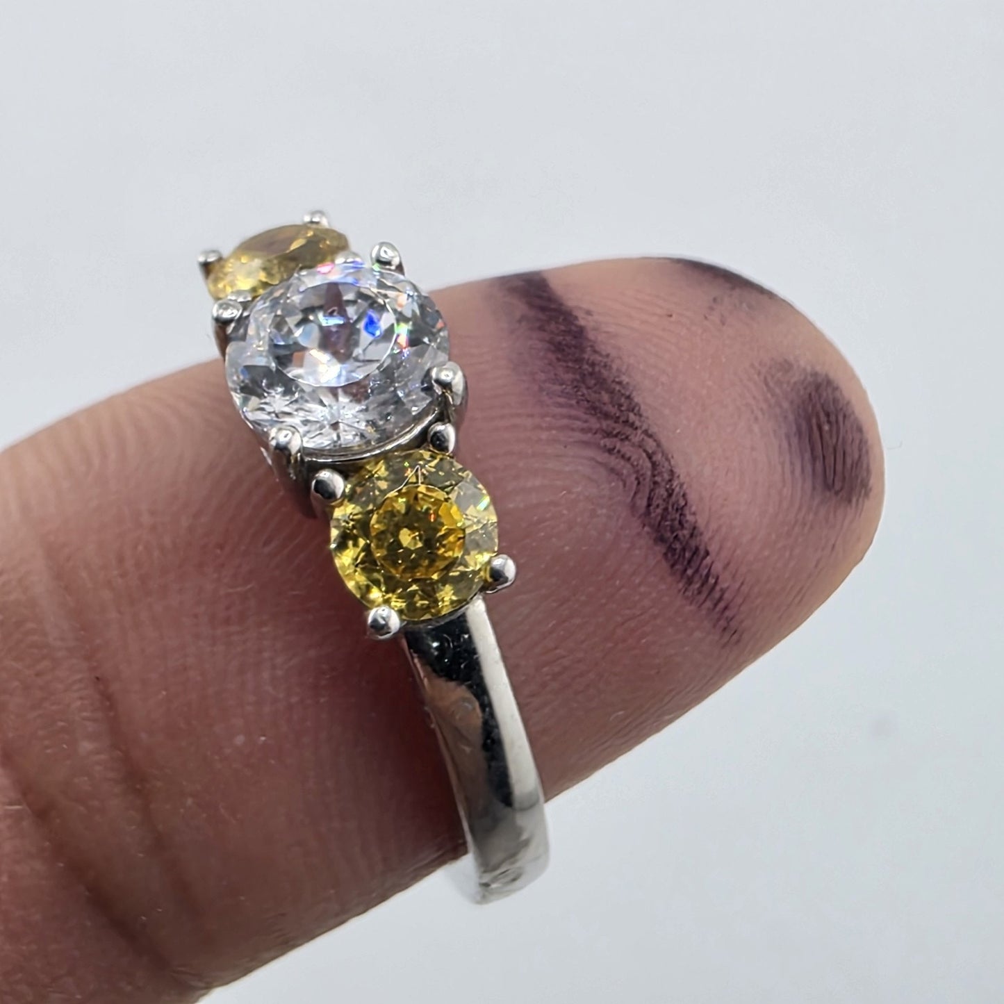 925 Sterling Silver CZ Three Stone Ring Size 8.75 Clear Yellow Stones