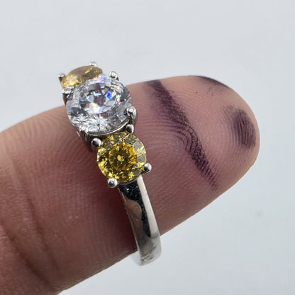 925 Sterling Silver CZ Three Stone Ring Size 8.75 Clear Yellow Stones