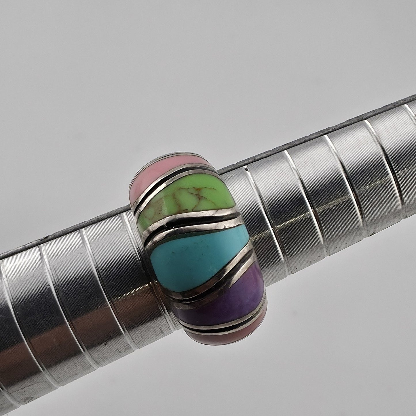 Sterling Silver Multi Color Inlay Ring Southwestern Style Dome Size 5.5
