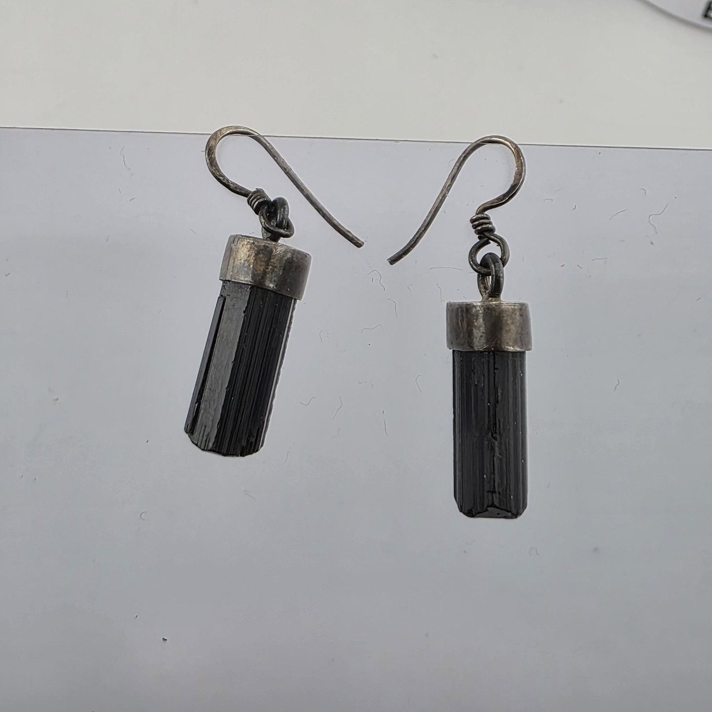 Vintage Sterling Silver Black Tourmaline Drop Earrings Raw Crystal Dangle