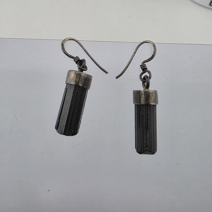 Vintage Sterling Silver Black Tourmaline Drop Earrings Raw Crystal Dangle