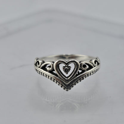 Sterling Silver Princess Tiara Crown Ring Heart Size 7.5