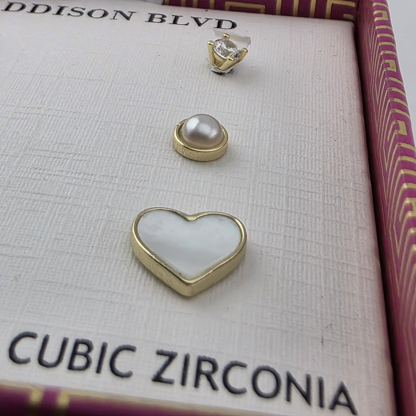 Addison Blvd Sterling Silver Stud Earrings Set CZ Pearl MOP Heart Gold Tone New