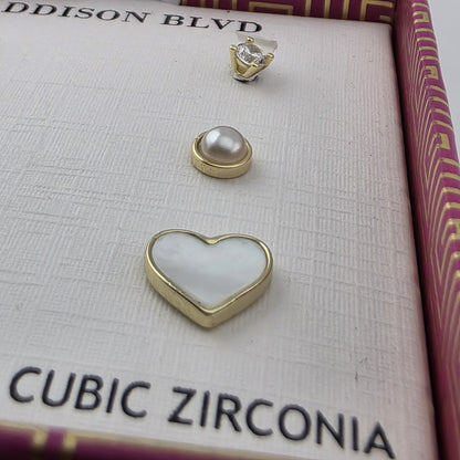 Addison Blvd Sterling Silver Stud Earrings Set CZ Pearl MOP Heart Gold Tone New