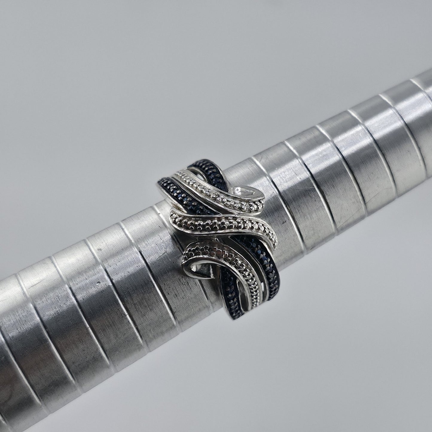Sterling Silver Blue & Clear Stone Wave Ring Size 7 925 Statement Band