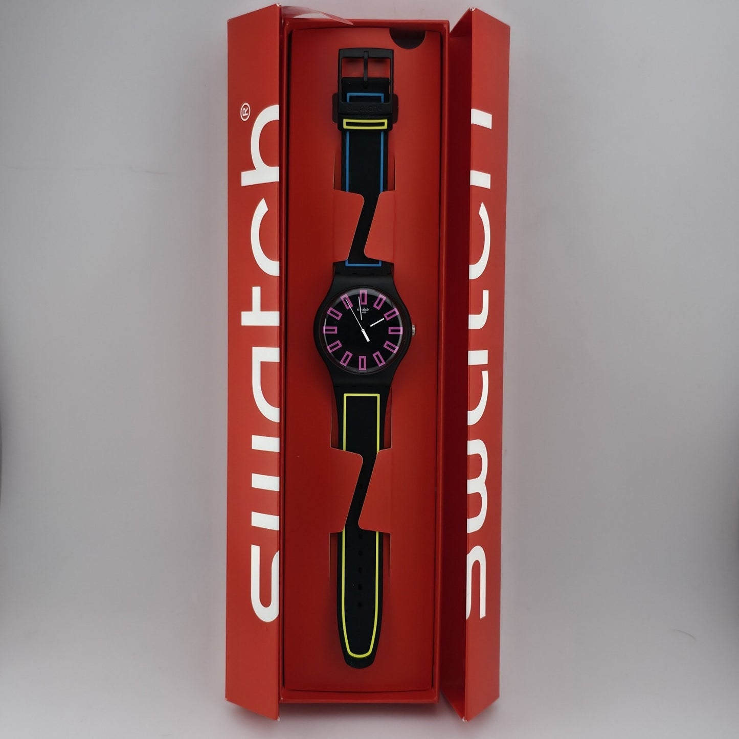 NEW Swatch Around The Strap Black Neon Watch SUOB146 Unisex