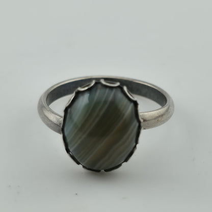 Vintage Sterling Silver Banded Agate Ring Adjustable Size 925 Statement Stone