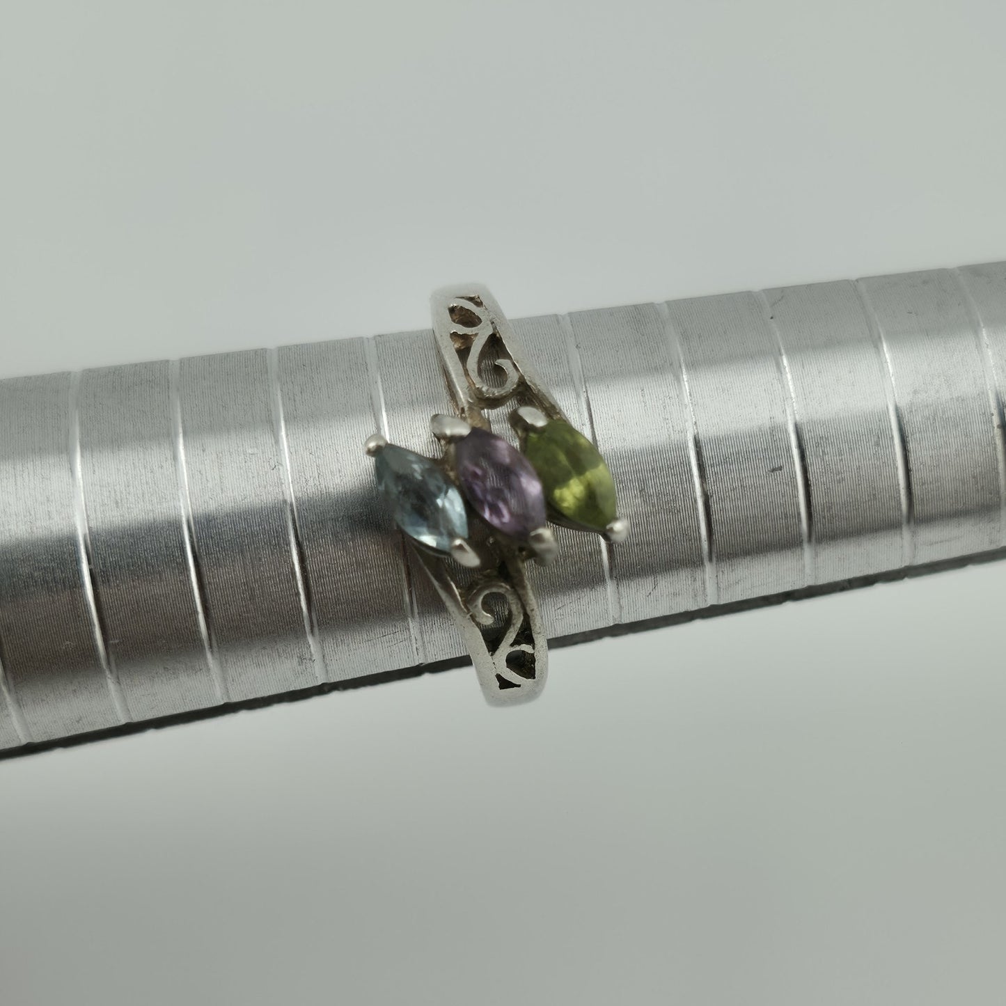 Sterling Silver Ring Stacked Topaz Amethyst Peridot Scroll Bypass Band 925 7.50