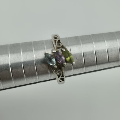 Sterling Silver Ring Stacked Topaz Amethyst Peridot Scroll Bypass Band 925 7.50