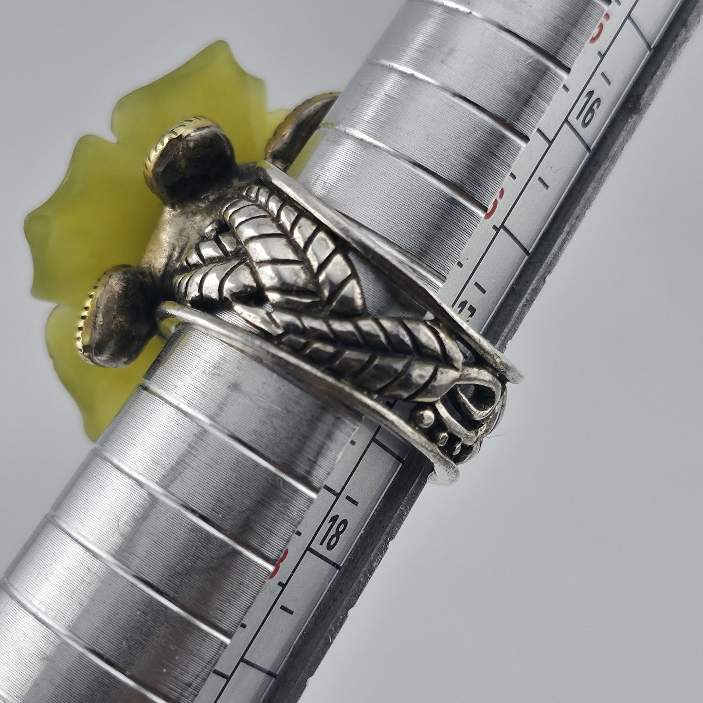 Sterling Silver Bronze Flower Ring Size 7 Yellow Floral Turquoise Cabochon 925