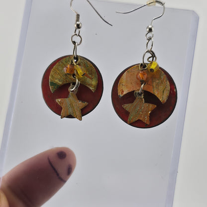 Vintage Handmade Boho Dangle Earrings Star Moon Mixed Media Rustic Art Jewelry