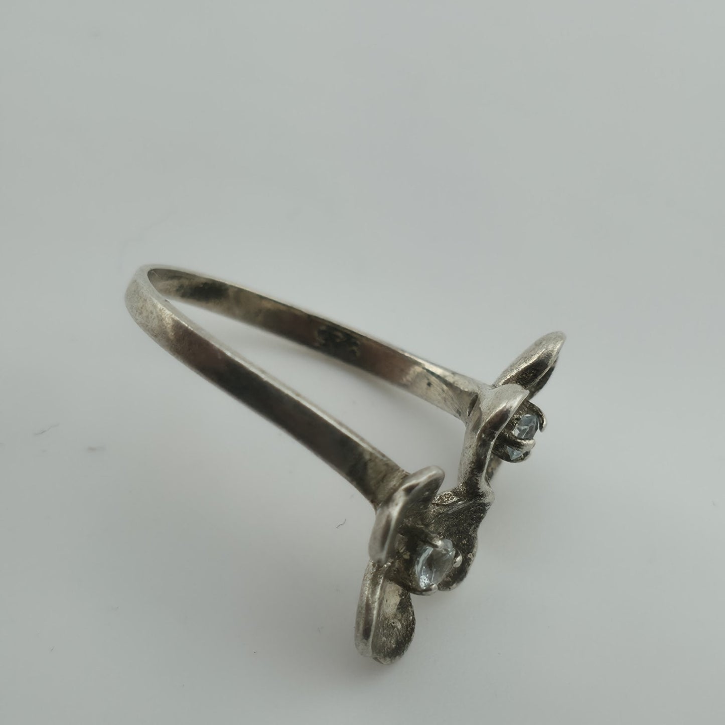 Sterling Silver Flower Ring Clear Stone Double Blossom 5.5 Vintage Patina 925