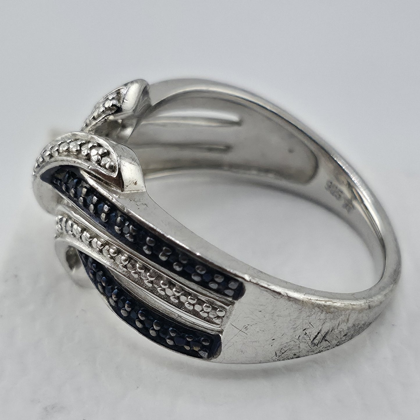 Sterling Silver Blue & Clear Stone Wave Ring Size 7 925 Statement Band