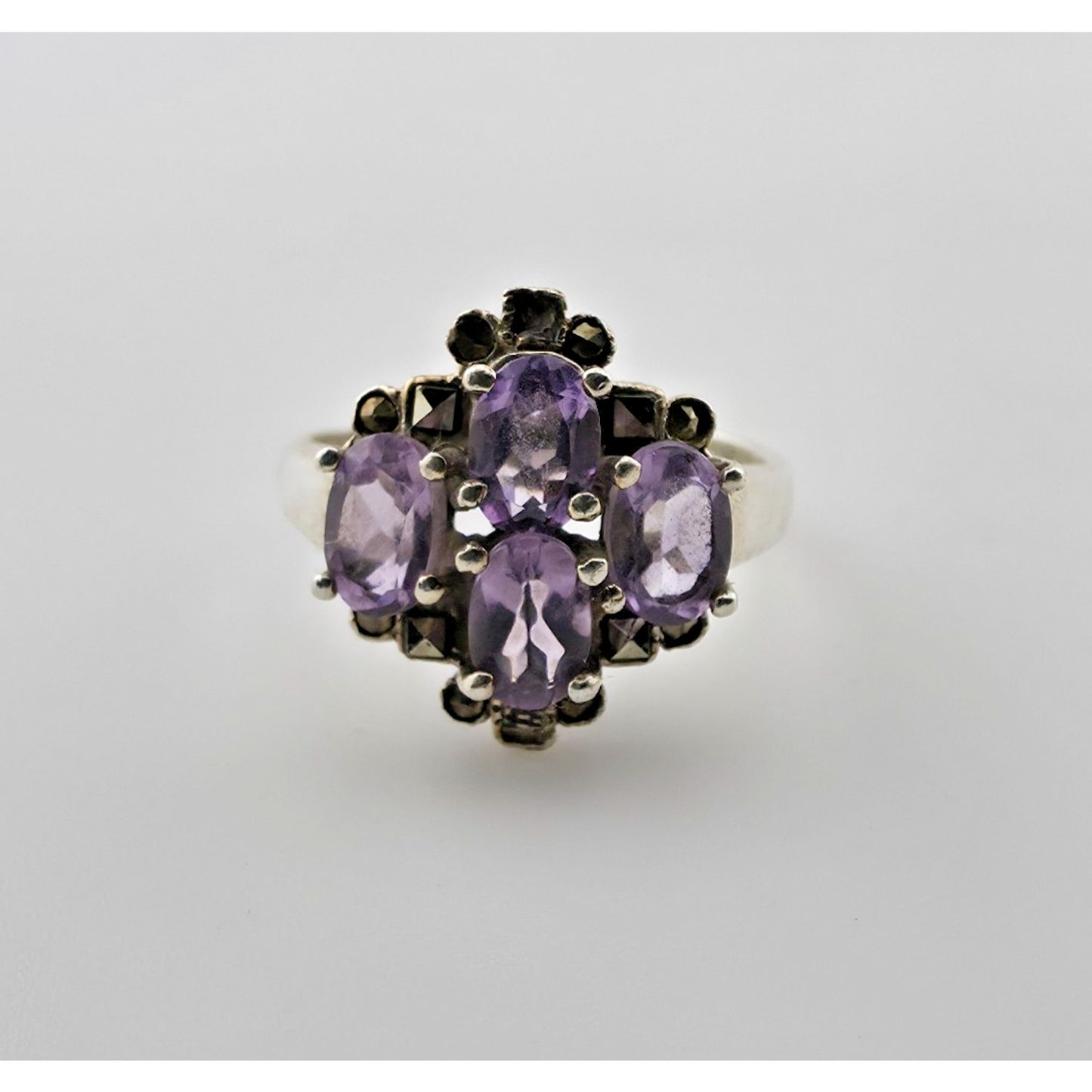 Sterling Silver Ring 925 Natural Purple Amethyst Cluster Ovals Statment 8.25