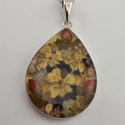 Vintage ATI Mexico 925 Sterling Silver Pressed Flower Resin Pendant Necklace 18
