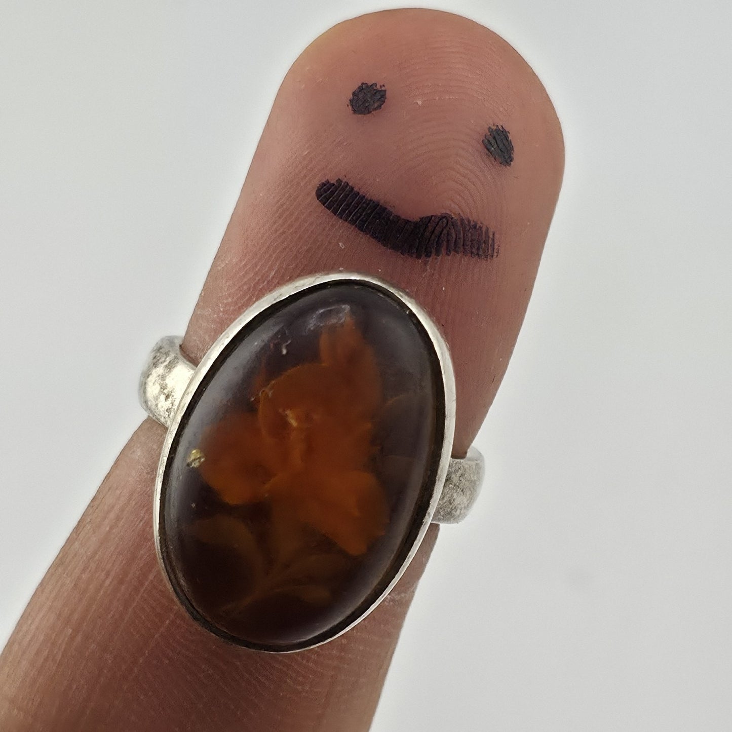 Polish Baltic Amber Reverse Carved Sterling Silver Ring 925 Size 8 Vintage