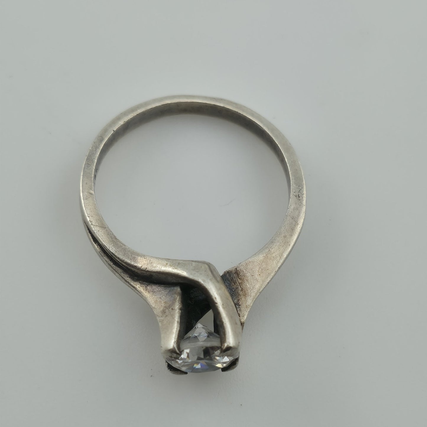 Sterling Silver Solitaire Ring CZ Stone Modernist Design Size 6.5 Vintage
