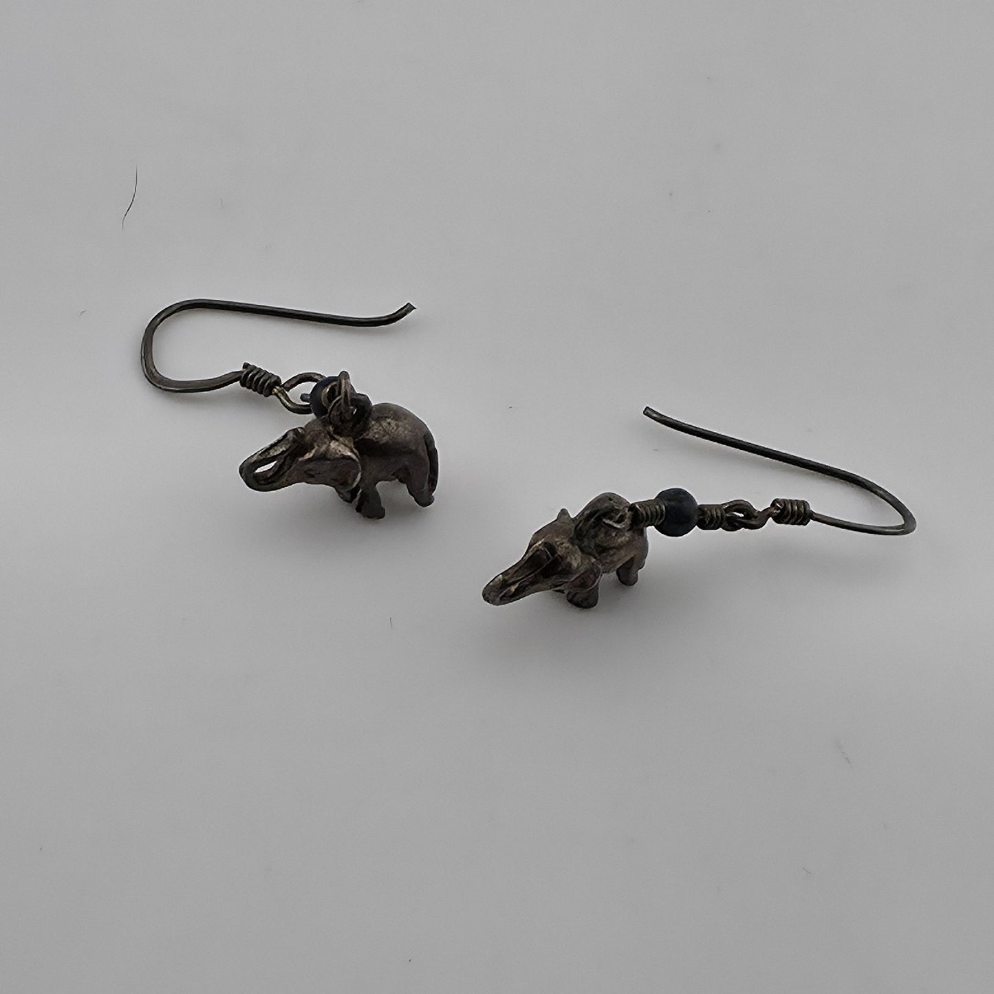 Vintage Elephant Dangle Earrings Blue Bead Silver Tone Boho Tribal Jewelry