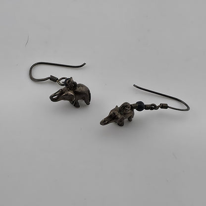 Vintage Elephant Dangle Earrings Blue Bead Silver Tone Boho Tribal Jewelry