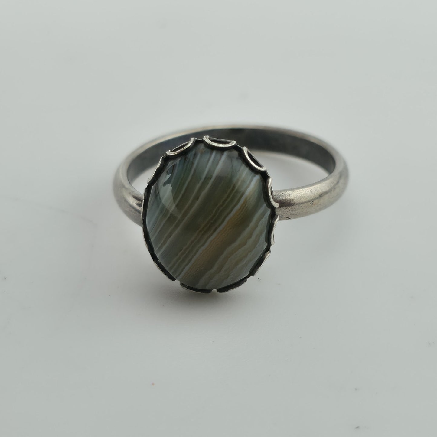 Vintage Sterling Silver Banded Agate Ring Adjustable Size 925 Statement Stone